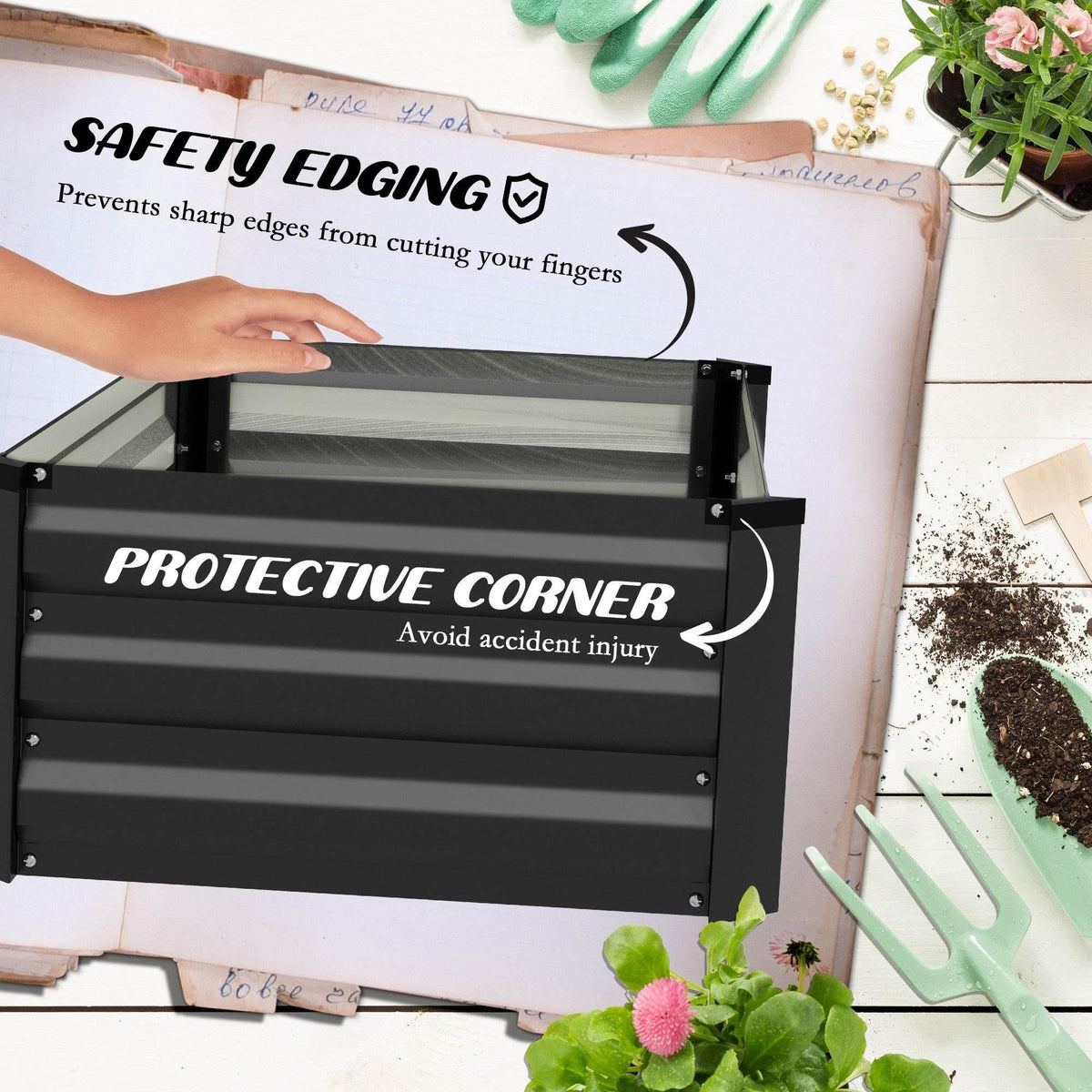 Dark grey elevated garden planter box graphic showing protective corner