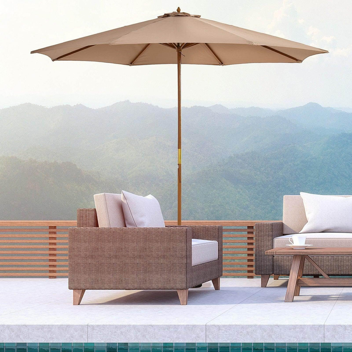 Khaki garden umbrella with wooden pole and wide open round canopy