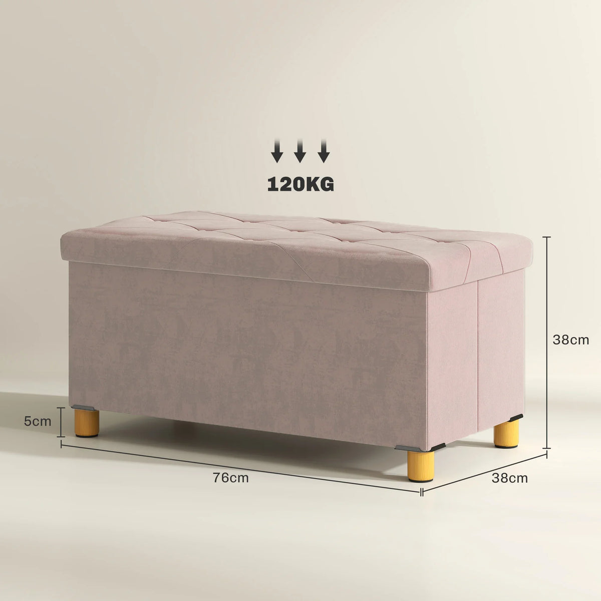 Mauve storage ottoman bench with tufted top, foldable lid, and yellow wood legs