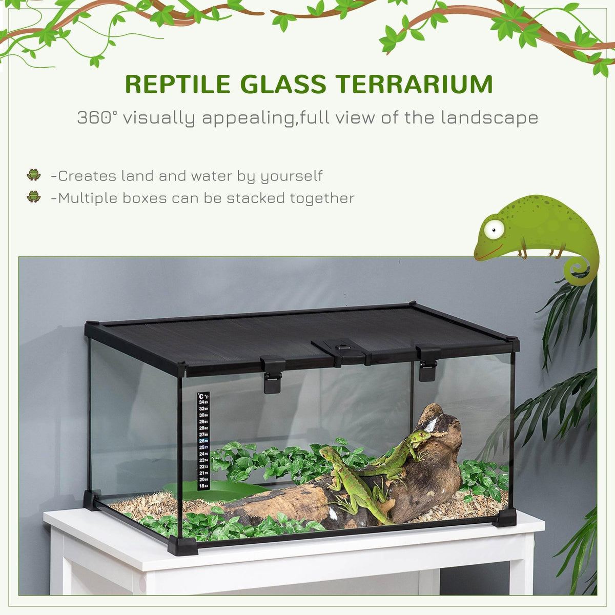 Black reptile glass terrarium with mesh top and thermometer scale, terrarium interior