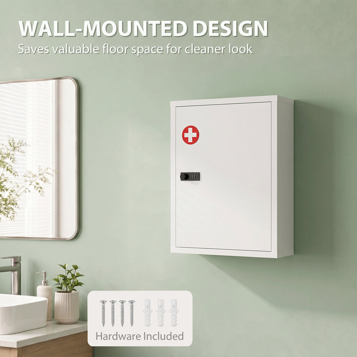 White wall-mounted medicine cabinet with combination lock and included mounting hardware