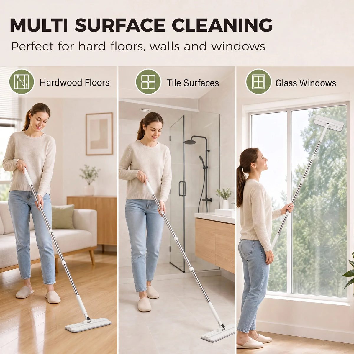 Flat mop and bucket set with microfiber pad for cleaning hard floors and windows.