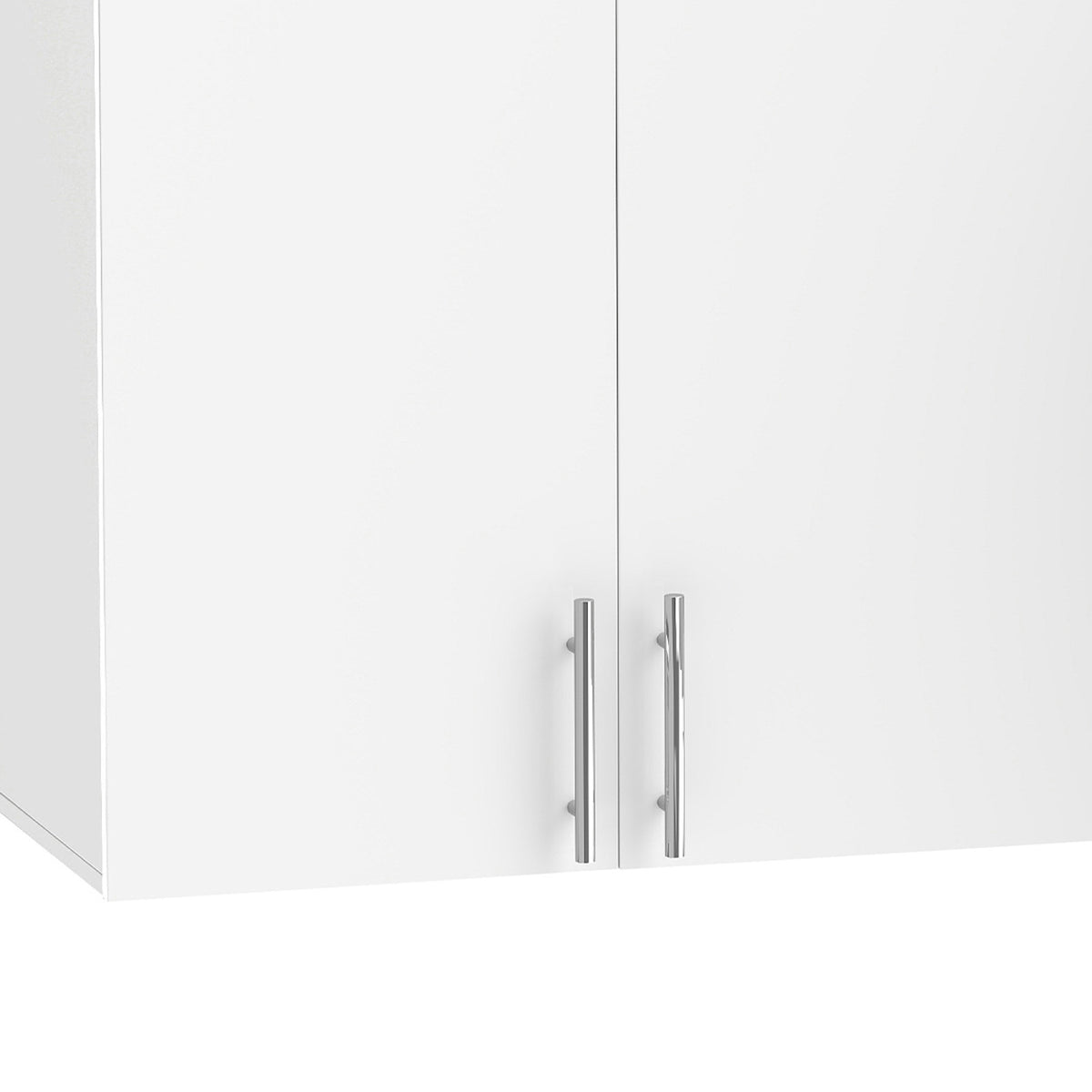 Close-up of white cabinet doors with brushed metal bar handles