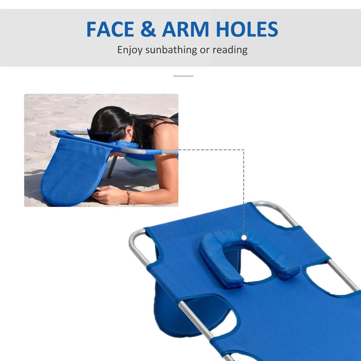 Blue sun lounger headrest with face opening and arm holes on metal frame
