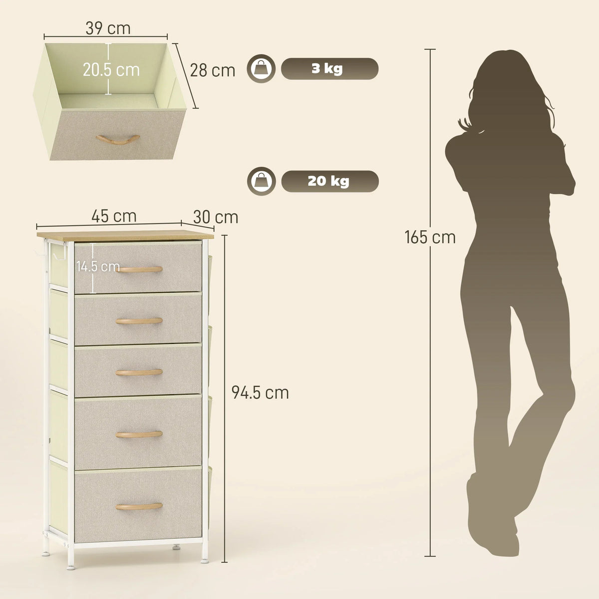 Beige five-drawer fabric chest on steel legs, shown with size silhouette