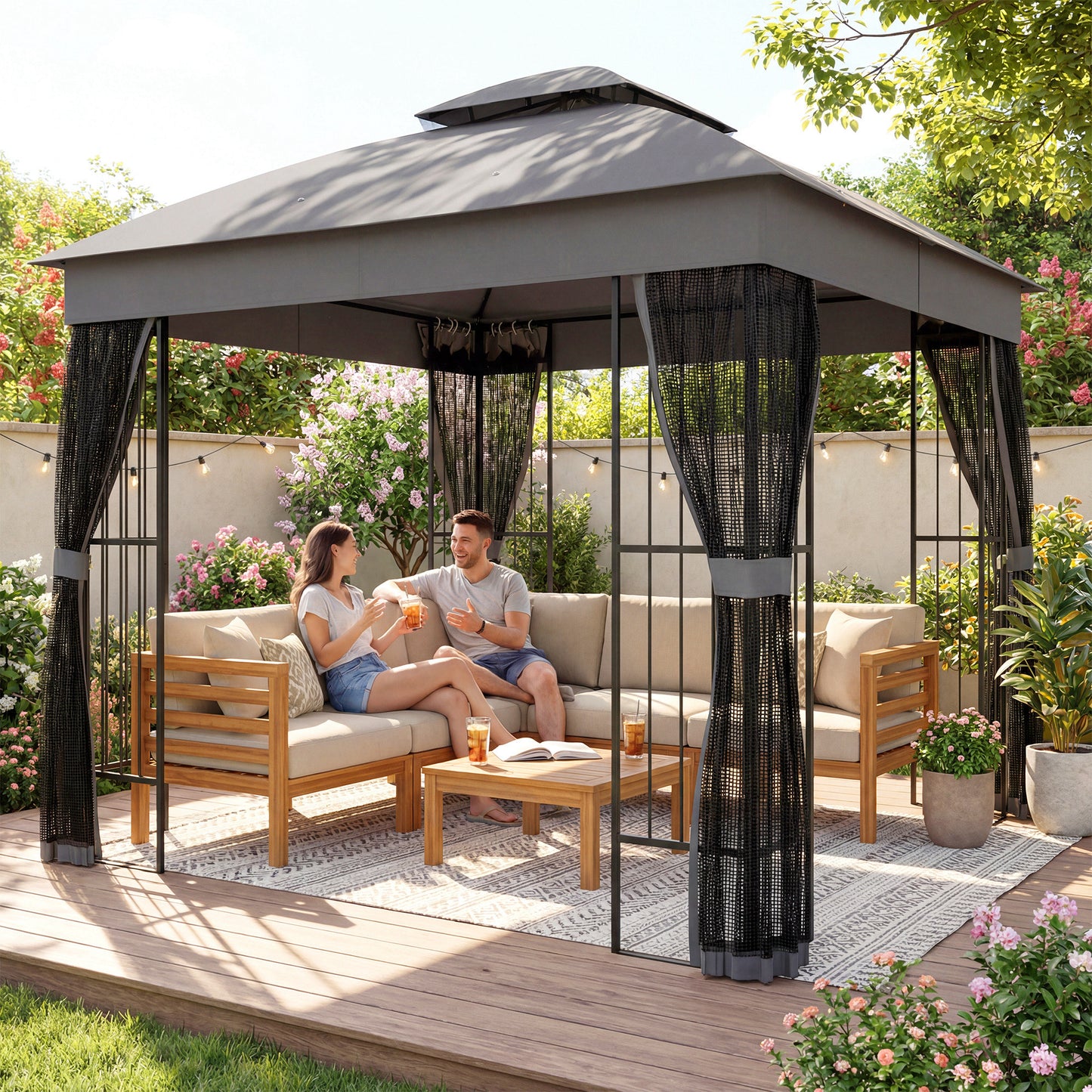 Outsunny 3 x 3 m Outdoor Garden Gazebo With Post Shelves UPF50 Plus Double Roof Permanent Pavilion Grey