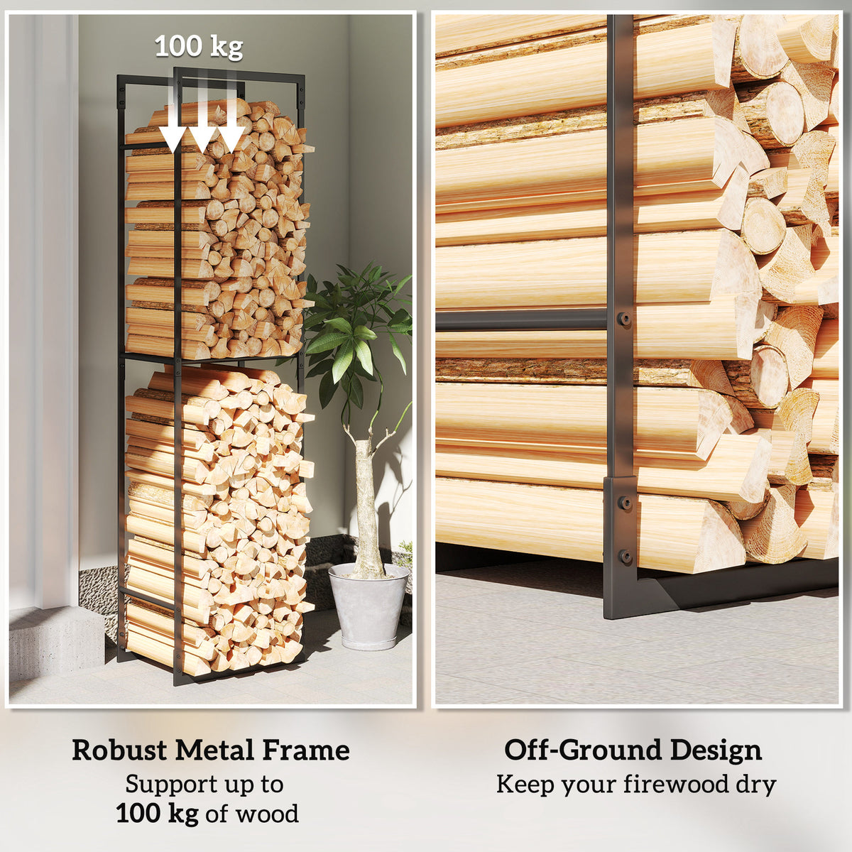 Black metal log rack with sturdy frame for indoor firewood storage and ventilation