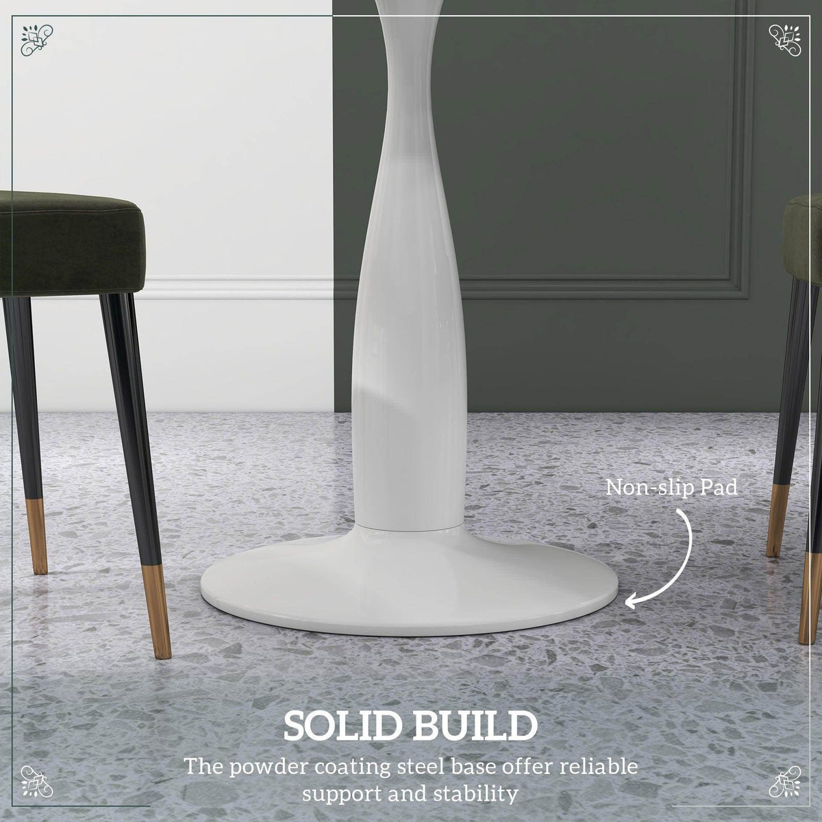 White round dining table with pedestal base and non-slip pad