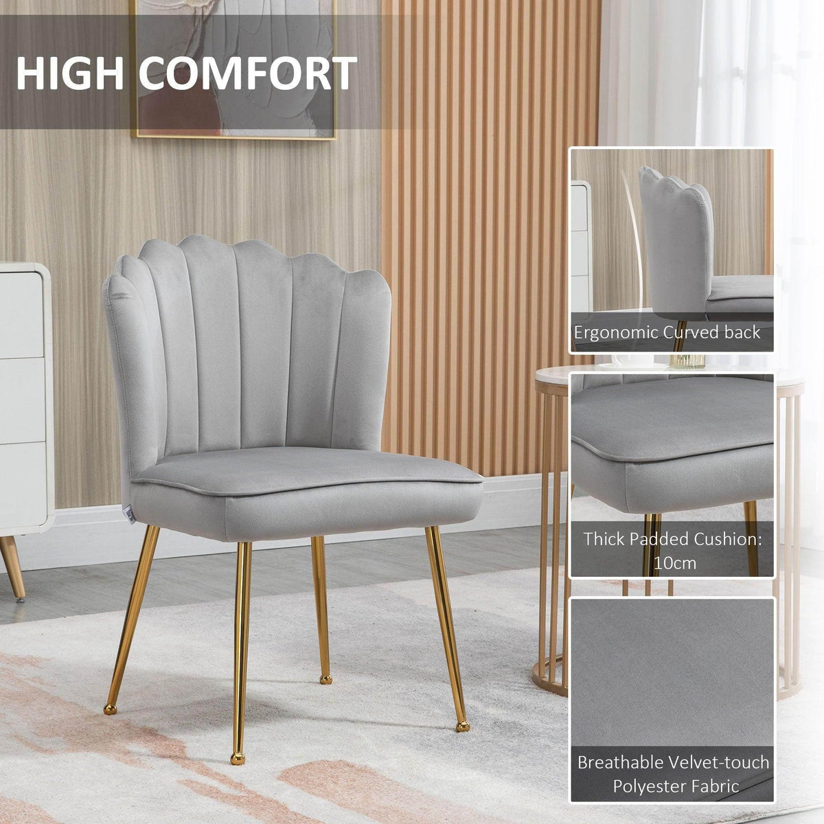 Grey velvet accent chair with thick padded seat cushion and gold metal legs