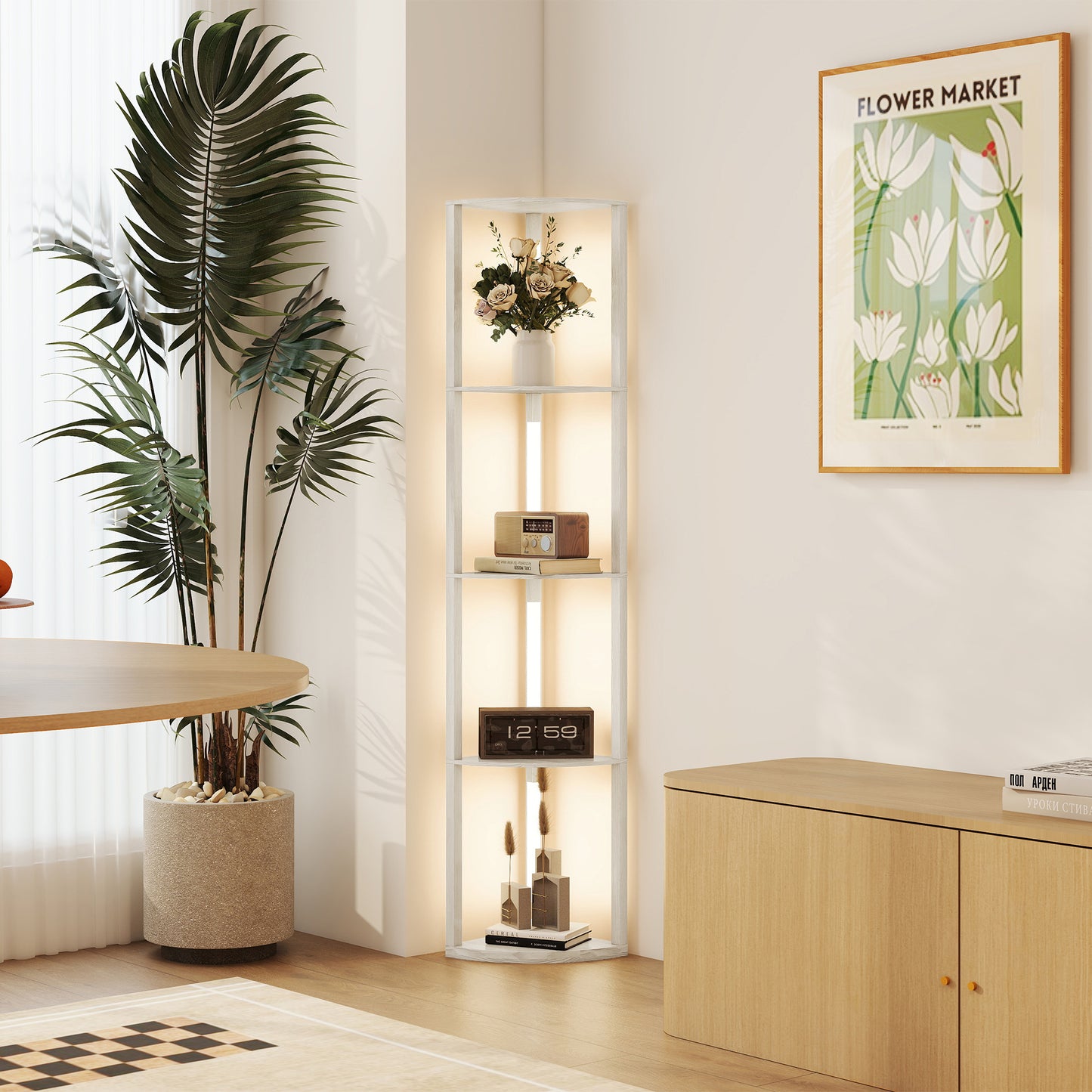 HOMCOM 4 Tier Corner Floor Lamp With Three Level Adjustable Brightness And 3000K LED Backlight 163.5cm Tall