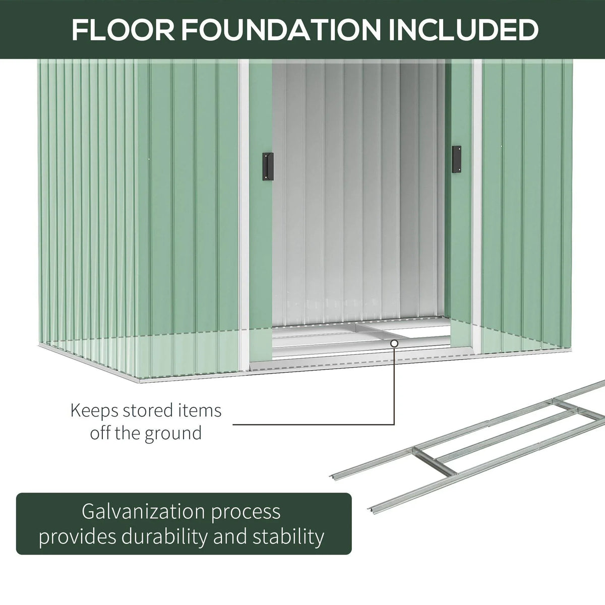 Light green metal storage shed with raised floor foundation frame and included floor support