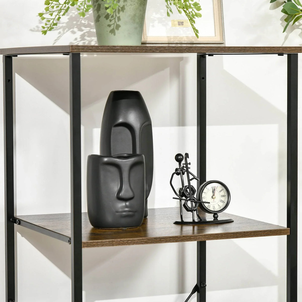 Two-tier open shelving bay with rustic brown wood shelves and black metal frame.