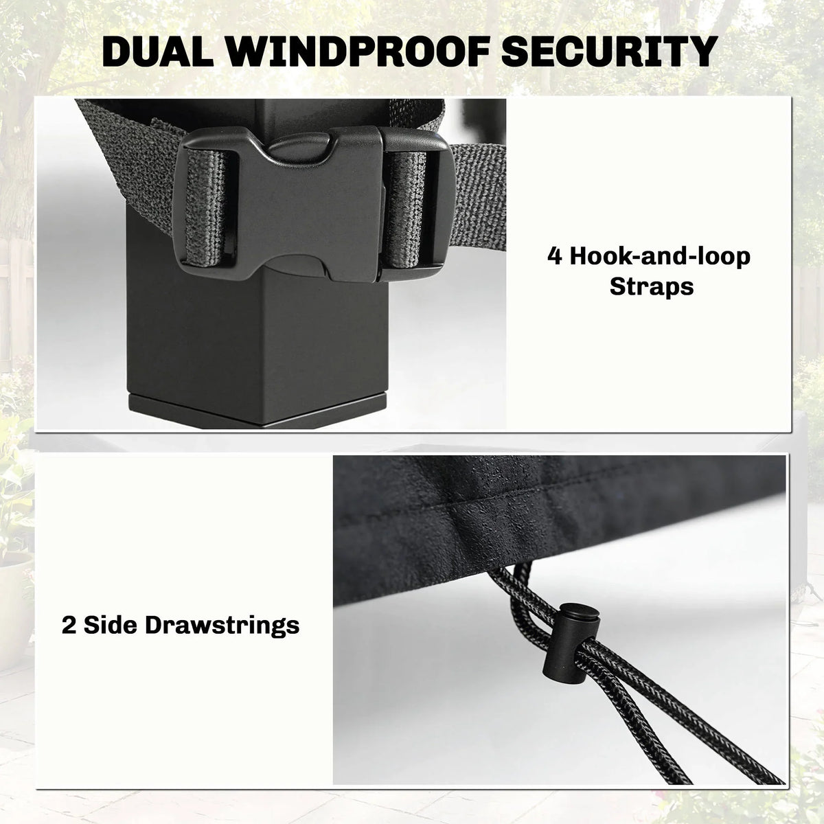 Black waterproof garden furniture cover with hook-and-loop straps and drawstrings
