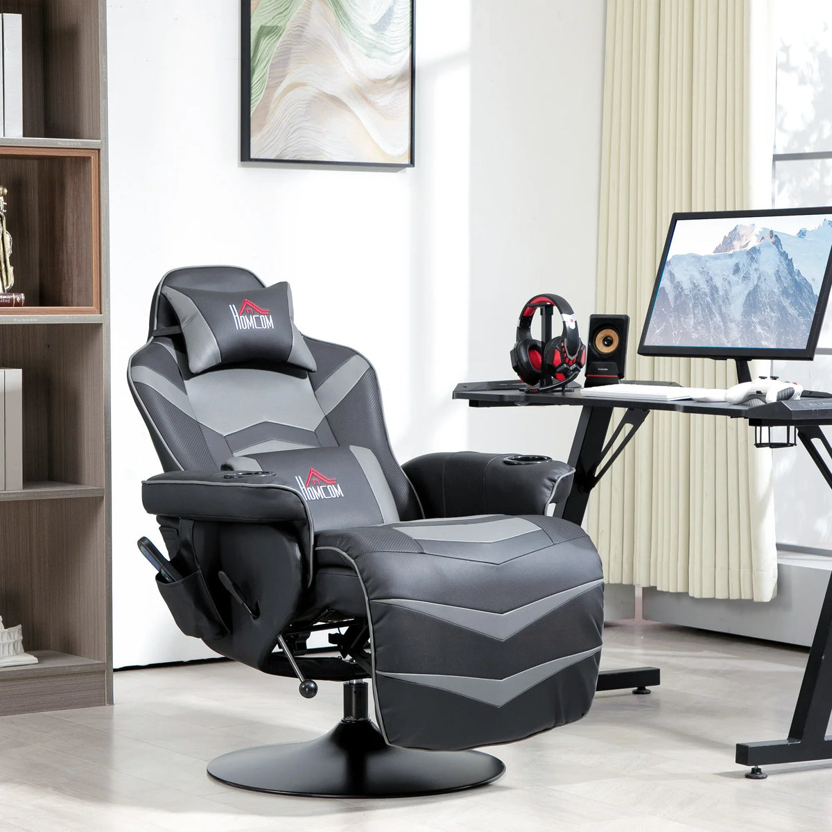 Grey massage recliner chair with high back headrest and retractable footrest