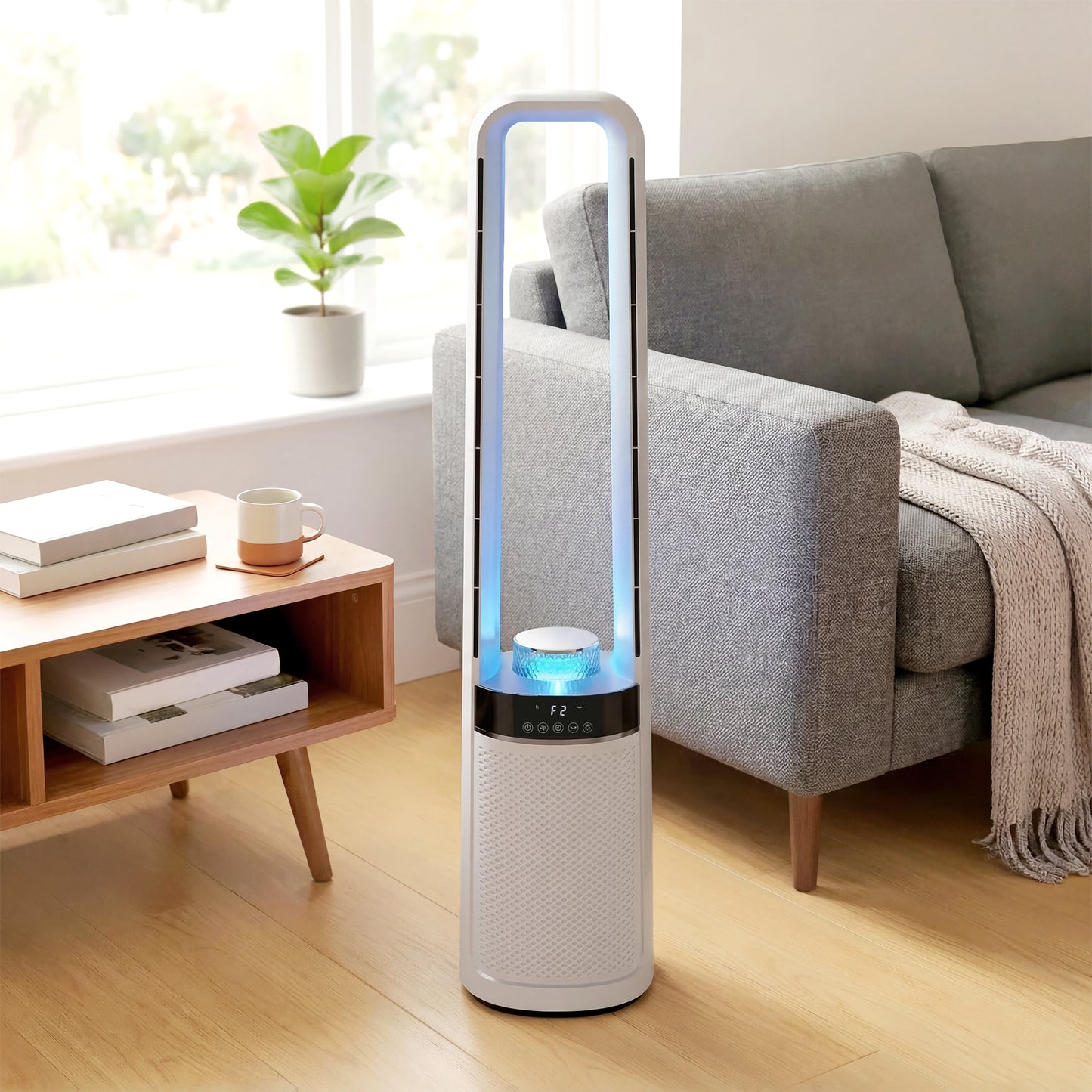 HOMCOM Bladeless Tower Fan 36dB Quiet Oscillating Cooling Fan With LED Lights 3 Speeds 12H Timer Remote Control