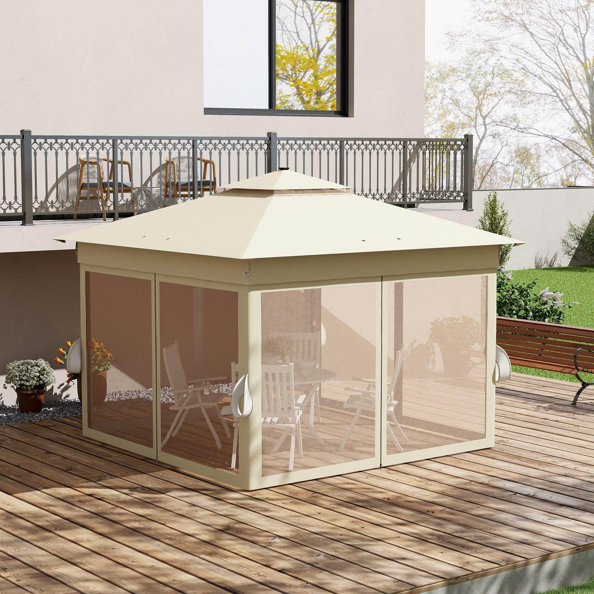 Khaki pop-up gazebo with sheer curtains on sides and open entry on wooden deck