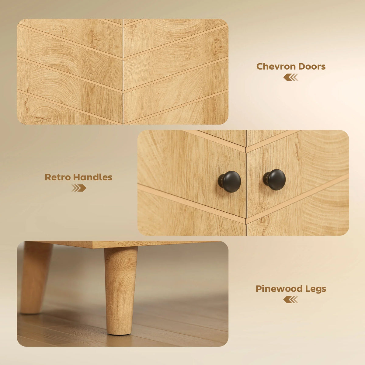 Wood sideboard details: chevron door panels, round knobs, and pinewood legs
