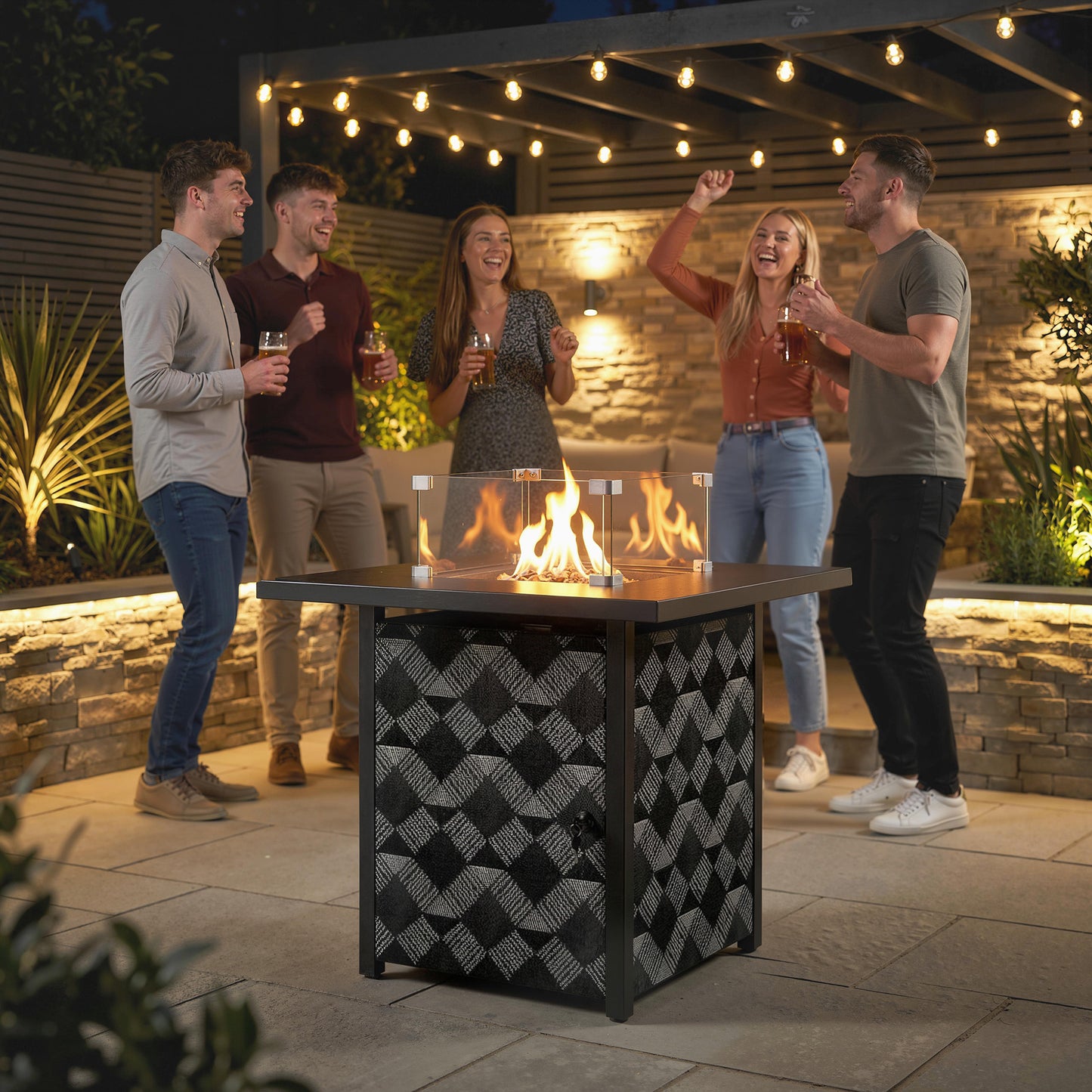 Outsunny Square Propane Gas Fire Pit Table With Glass Wind Guard 12 KW Patio Heater Lava Rocks Gas Tank Holder