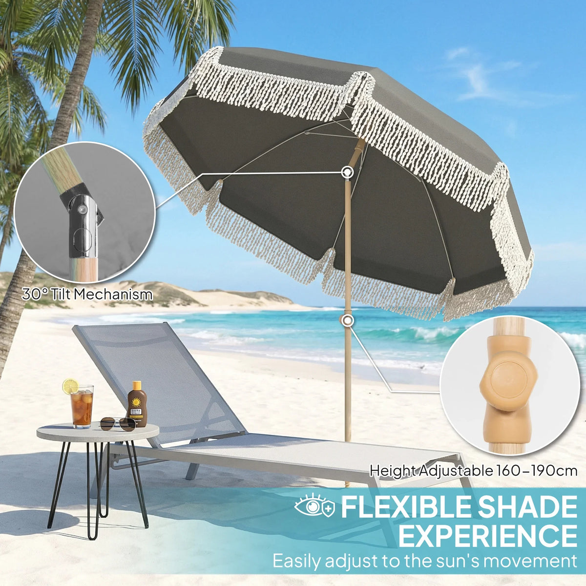 Grey tilt beach umbrella with white fringe, showing 30° tilt mechanism detail.