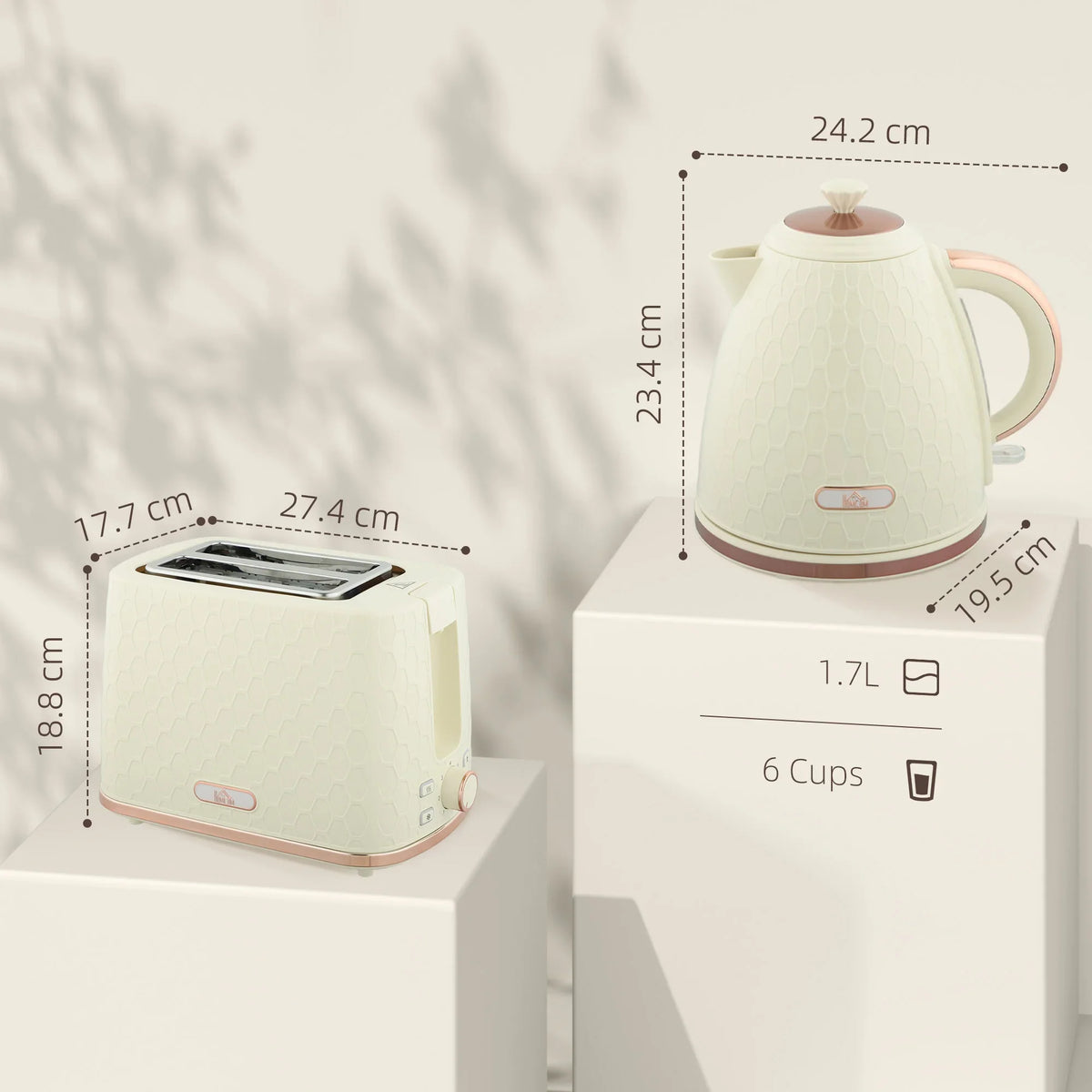 Beige electric kettle and 2-slice toaster set with product dimensions on box.
