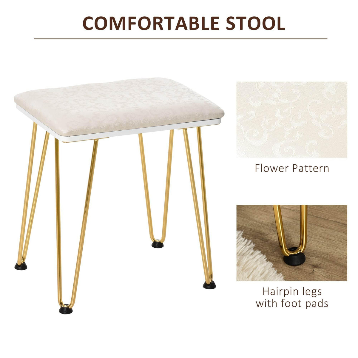 Cushioned upholstered vanity stool with gold metal legs and non-slip foot pads