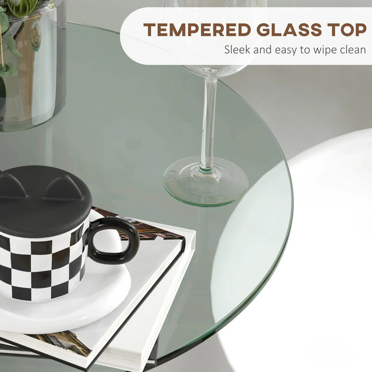 Tempered glass tabletop with chrome pedestal support base