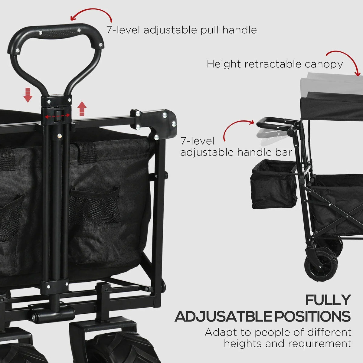 Black wagon stroller cart with adjustable pull handle and retractable canopy