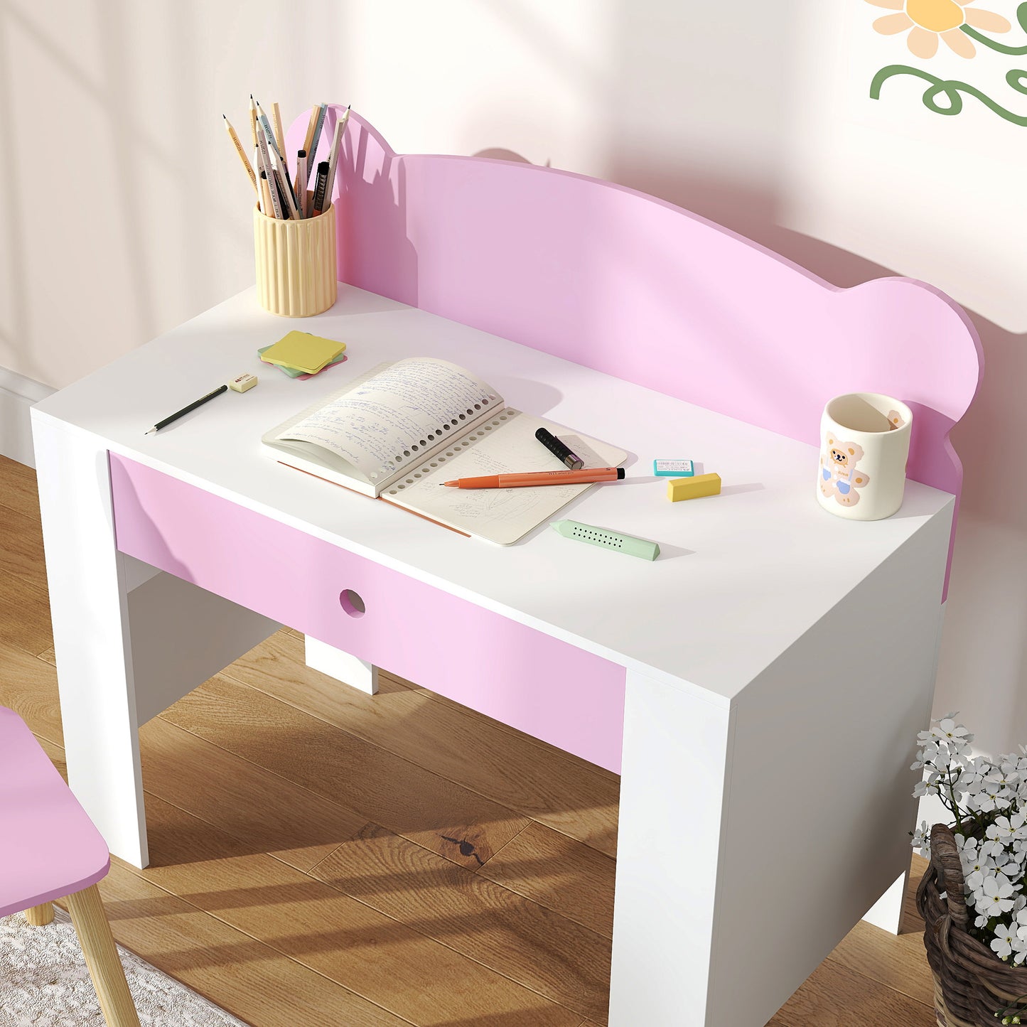 Aiyaplay Kids Desk And Chair Set With Drawer For Drawing And Reading Bear Theme Pink For Bedroom Daycare