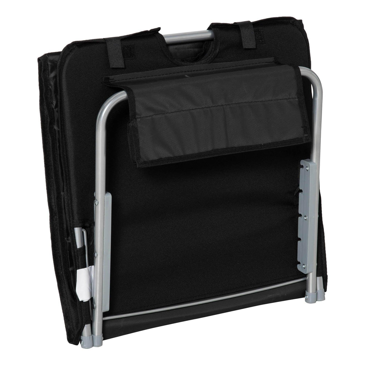 Black folding reclining chair with steel legs and fabric back panel