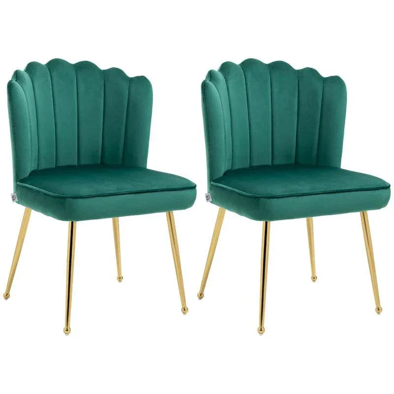 Pair of green shell dining chairs with upholstered seats and gold metal legs