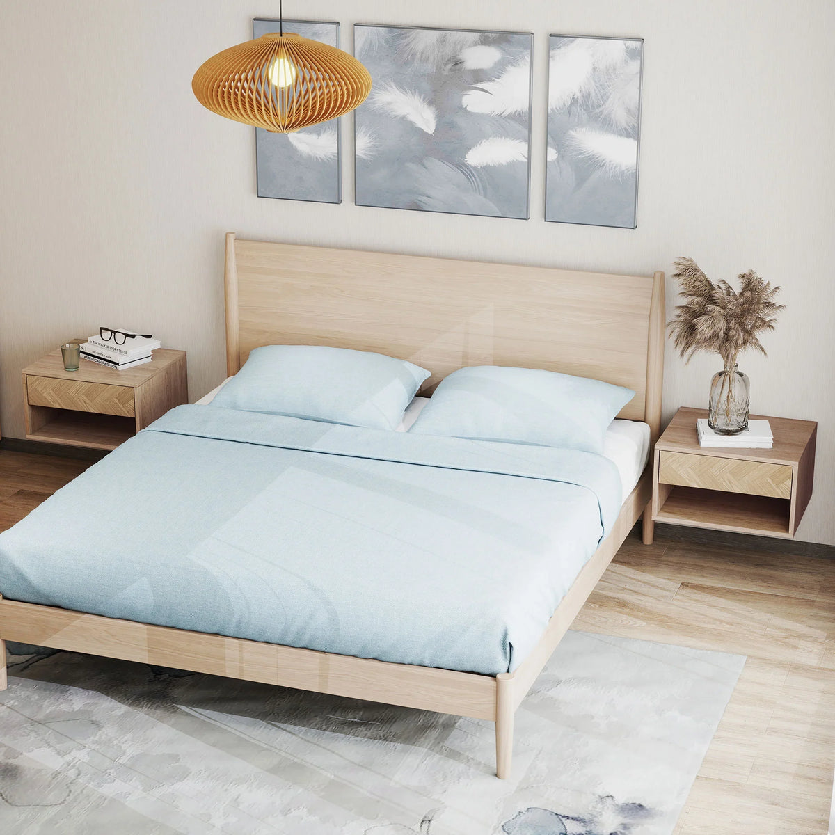 Natural wood bedside table set with drawer and open shelf beside bed