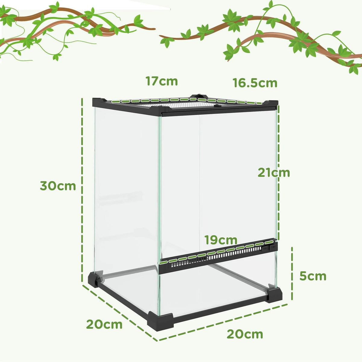 Rectangular glass reptile terrarium layout diagram with black anti-escape frame