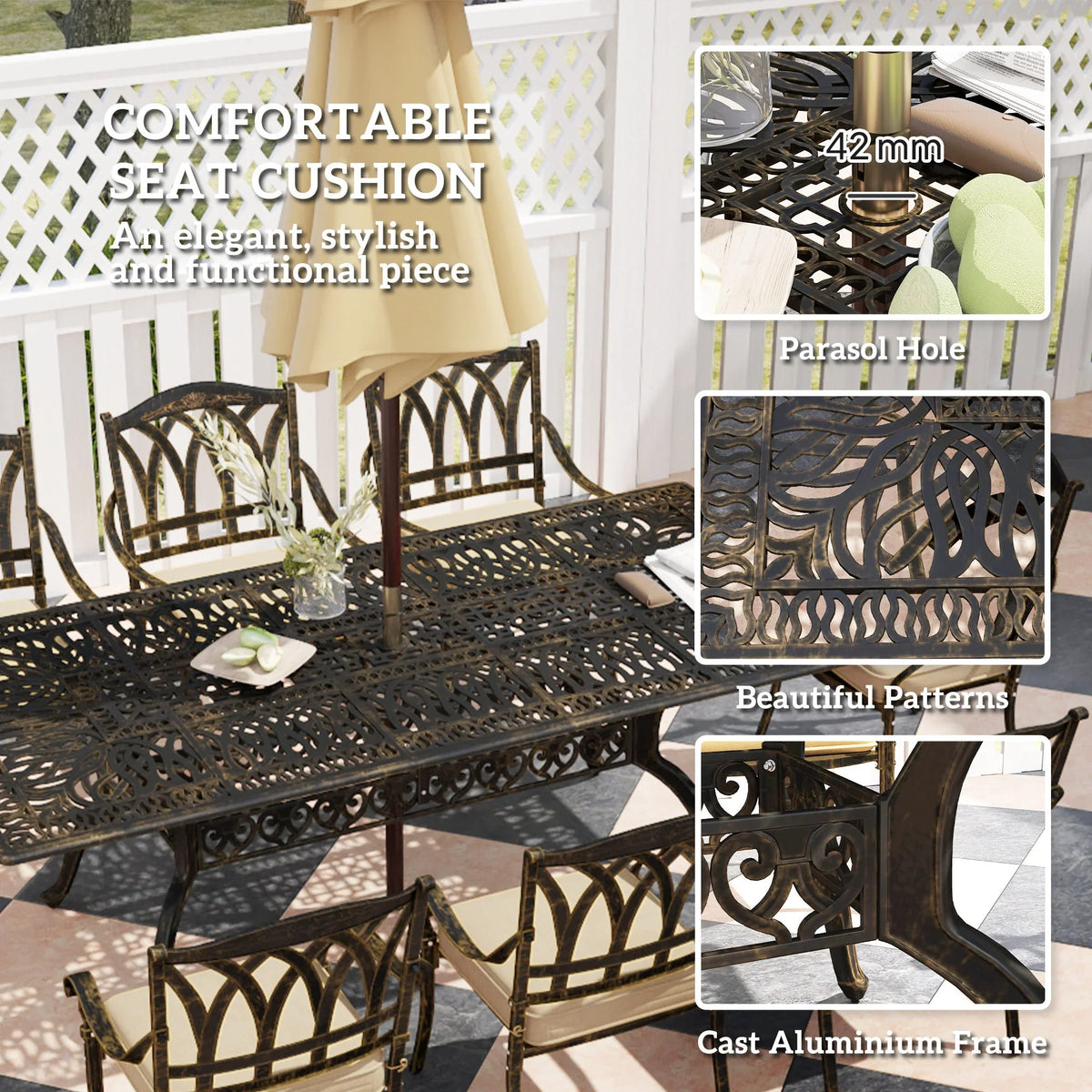 Bronze-tone cast aluminum dining chair with beige cushion and ornate perforated table surface