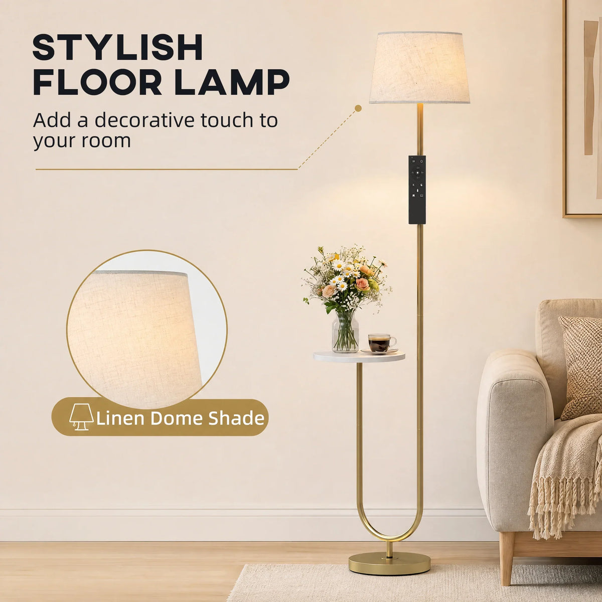 Tall dimmable floor lamp with linen dome shade, brass stand, and side shelf