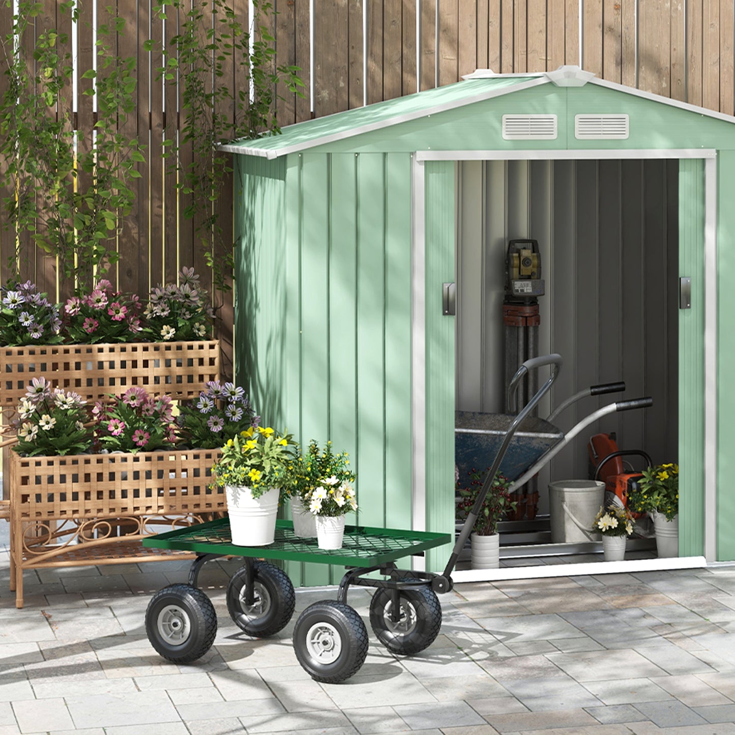 Outsunny Garden Trolley Cart, Heavy Duty Garden Cart with Metal Frame, 10" Pneumatic Wheels, Rotating Handle, 150kg Capacity, for Garden, Farm, Green