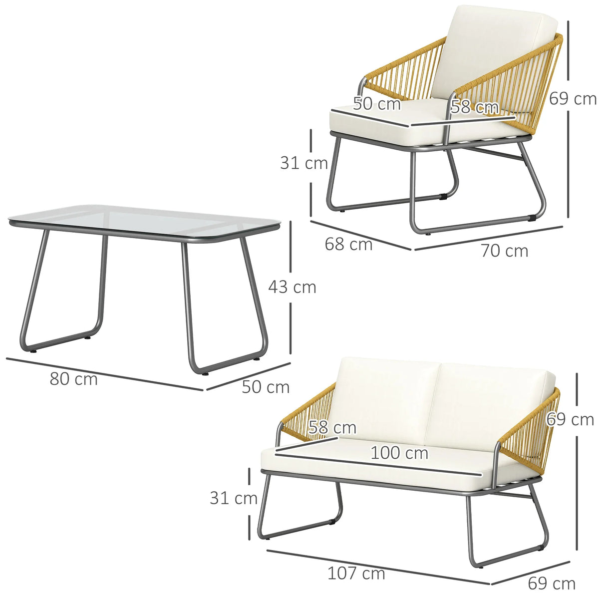 Outdoor sofa set layout with loveseat, two lounge chairs, and glass-top coffee table