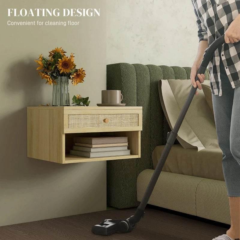 Floating nightstand with rattan-front drawer and open shelf, light wood-effect