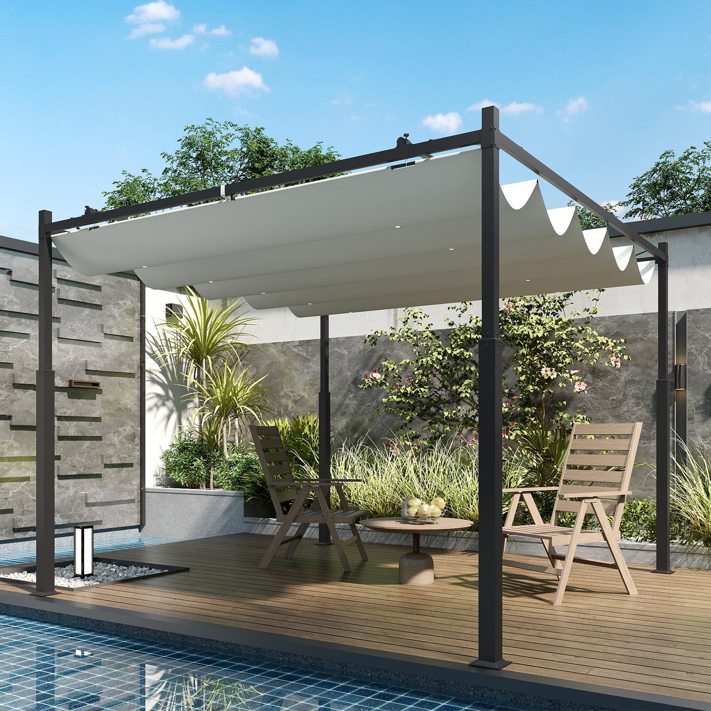 Outsunny 3x3m Metal Pergola With Retractable Roof UPF30 Magnetic Fixture Outdoor Gazebo Kit Cream White