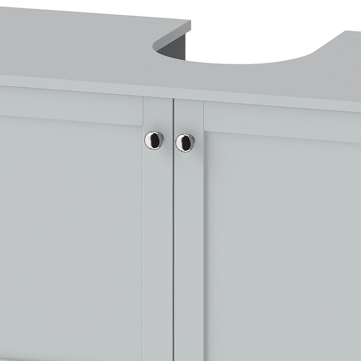 Light blue cabinet doors with two round silver knobs and U-shaped counter cutout