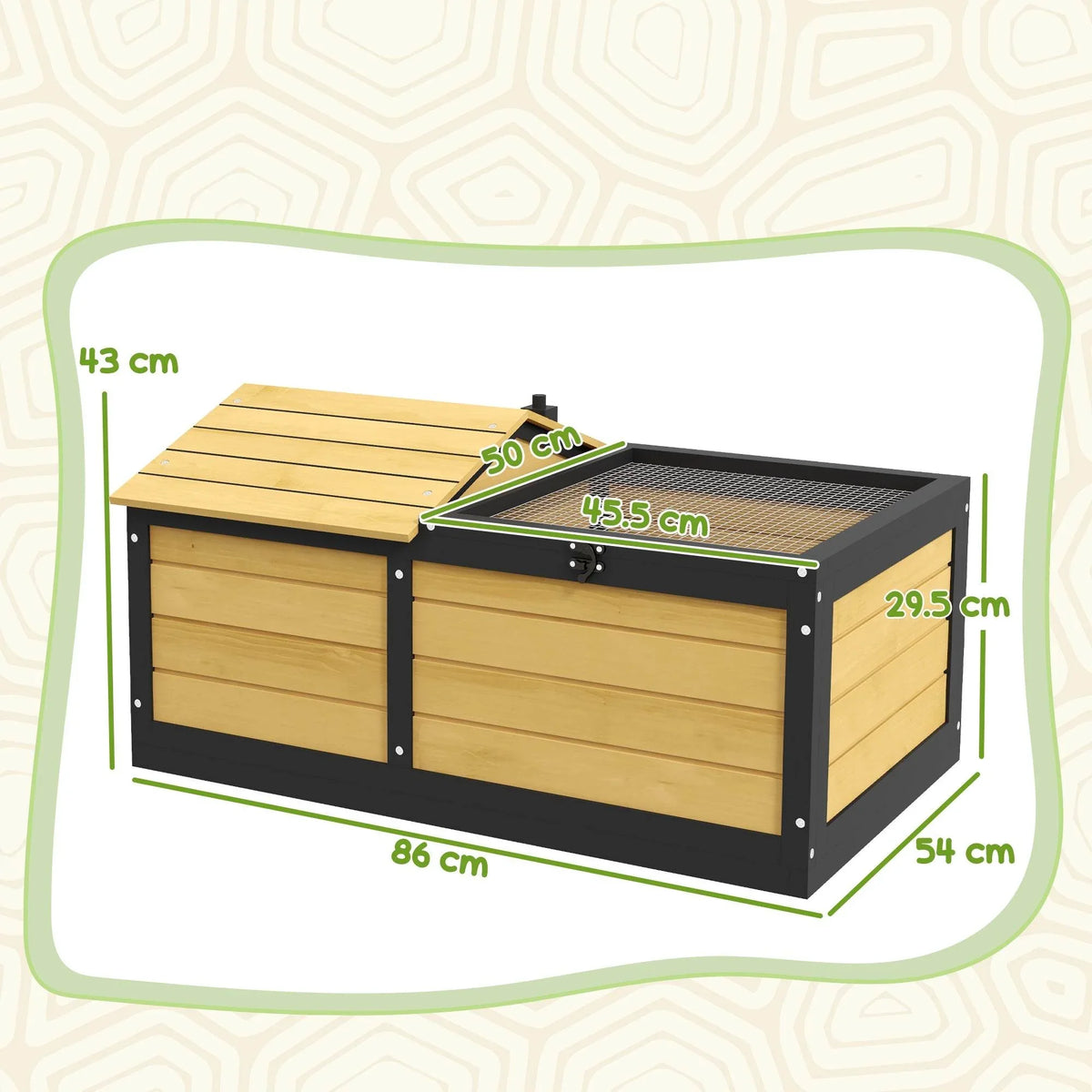 Small reptile enclosure with yellow wooden panels, black frame, and wire mesh basking area