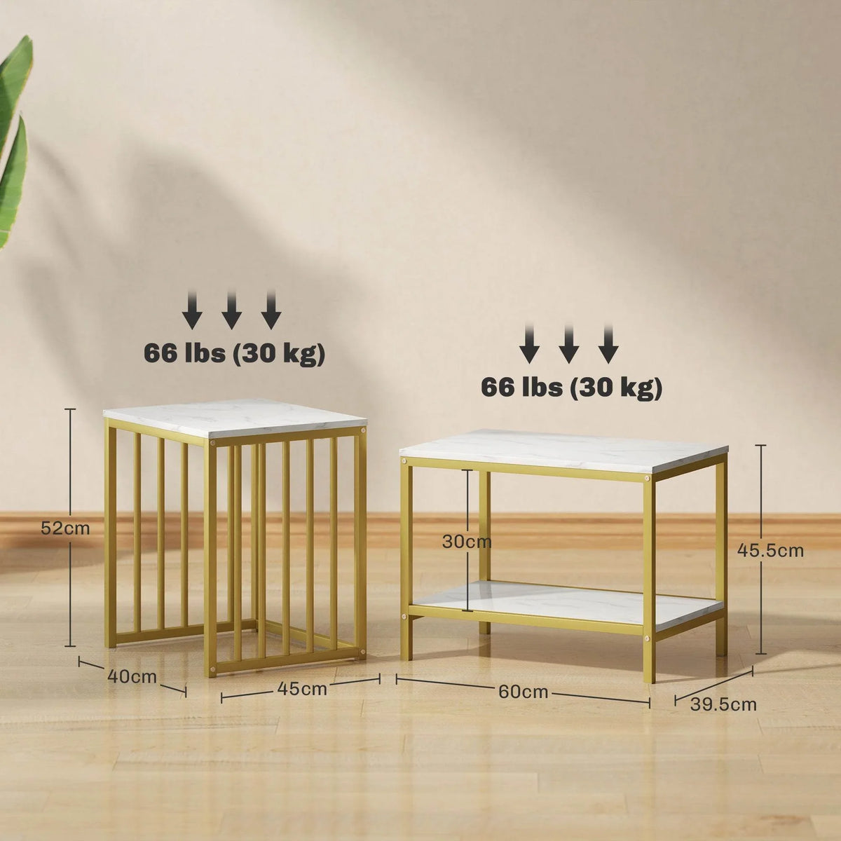 Pair of nesting side tables with marble-look tops and gold frames, size view