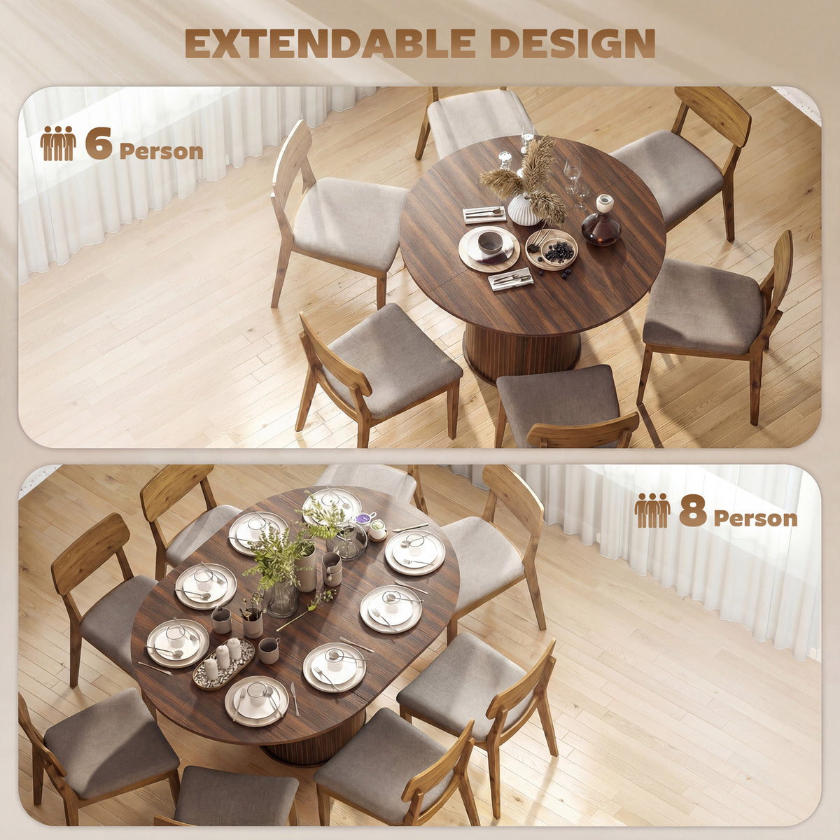Round extendable dining table, dark wood finish, pedestal base with dining chairs