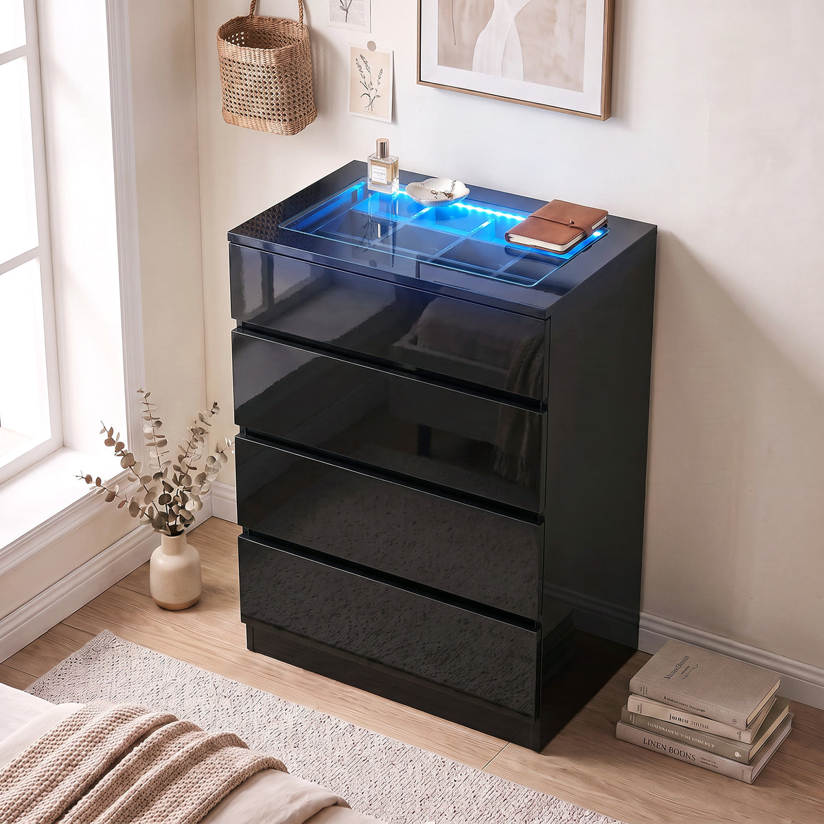 Homcom High Gloss Dresser With Tempered Glass Top And Rgb Led Lights Black