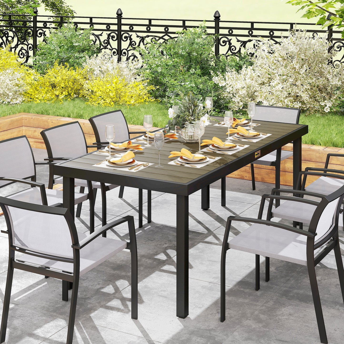 Outsunny Aluminium Outdoor Dining Table For 8 With Faux Wood Top Water Resistant Garden Patio Brown 190 x 90 x 74 cm