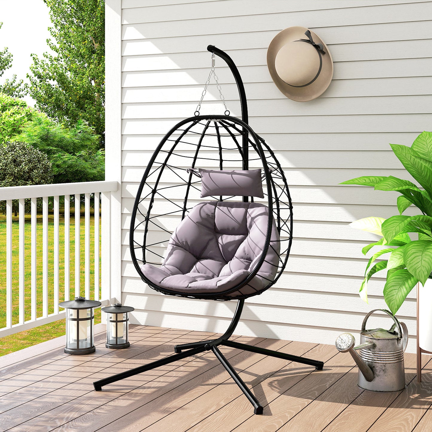 Outsunny Hanging Egg Chair Outdoor Indoor Garden Swing Chair With Folding Basket Thickened Cushion Headrest Stand Grey