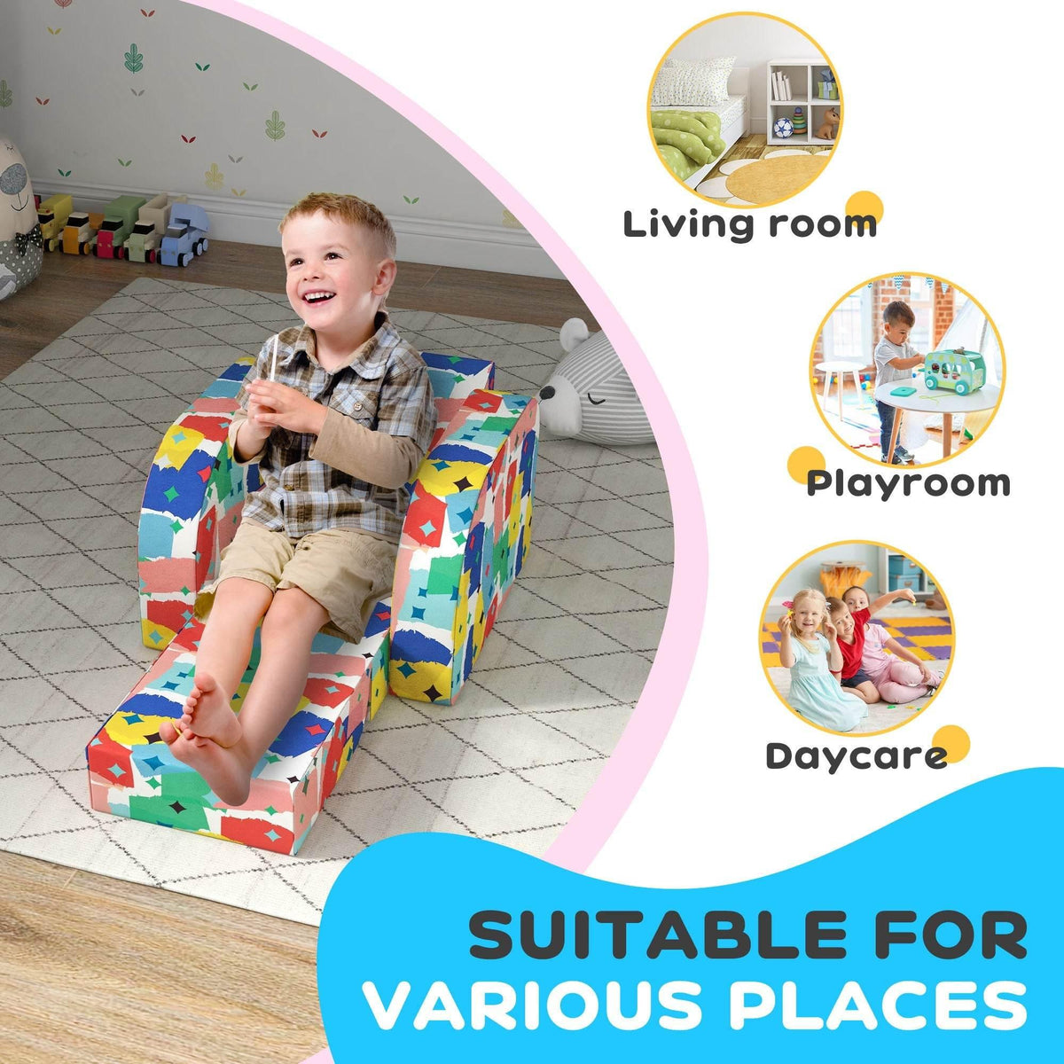 Colorful foldable toddler armchair on play mat, padded seat, child smiling while seated.