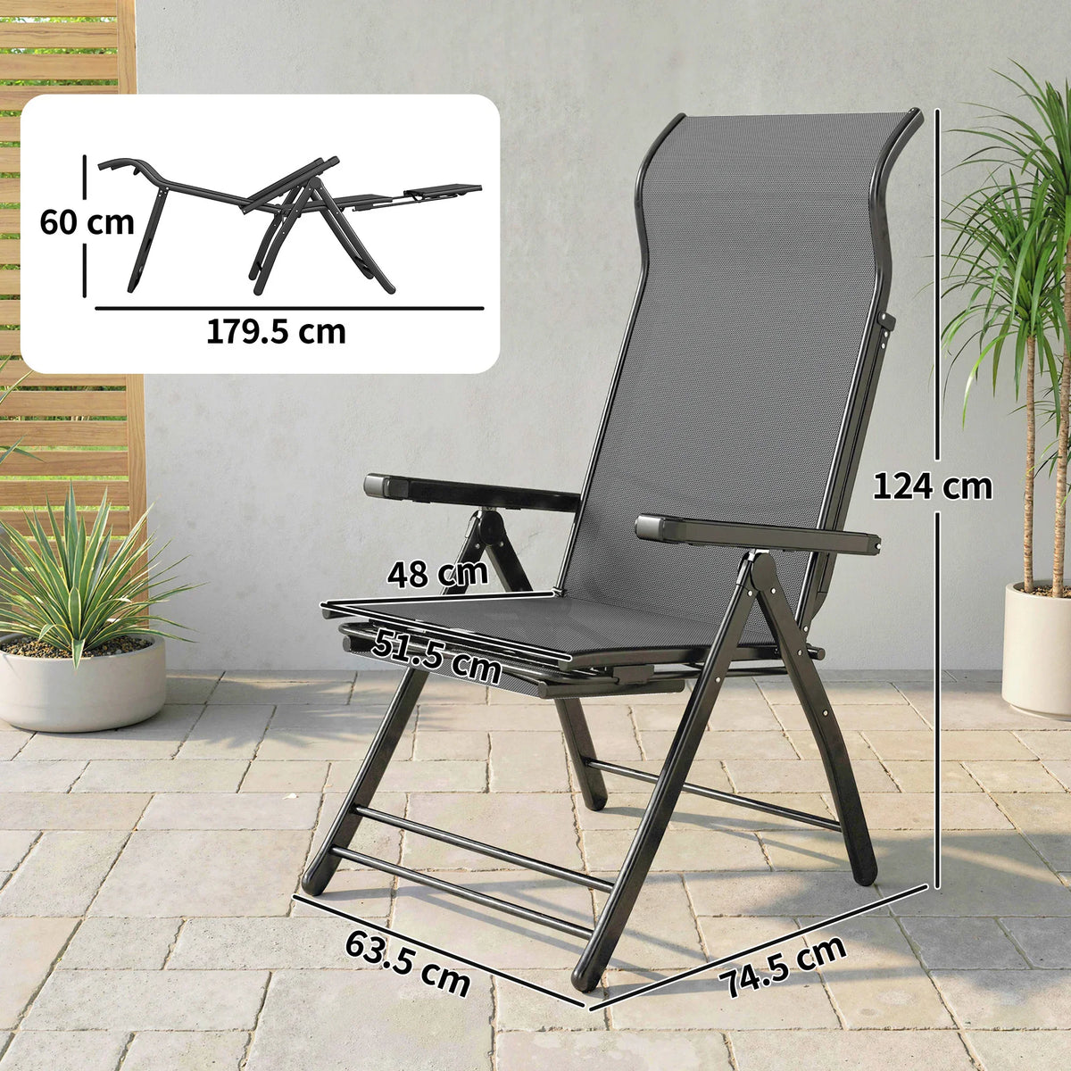 Dark grey 5-position folding recliner chair with retractable footrest, side view