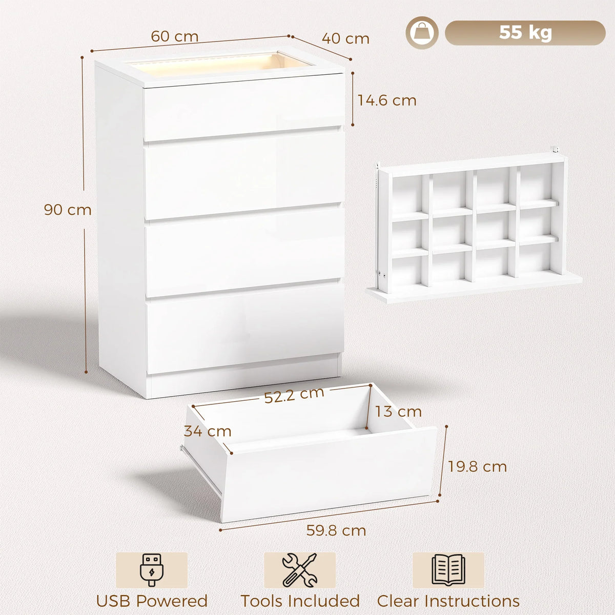 White high-gloss dresser with glass top, open storage section and dimensional view