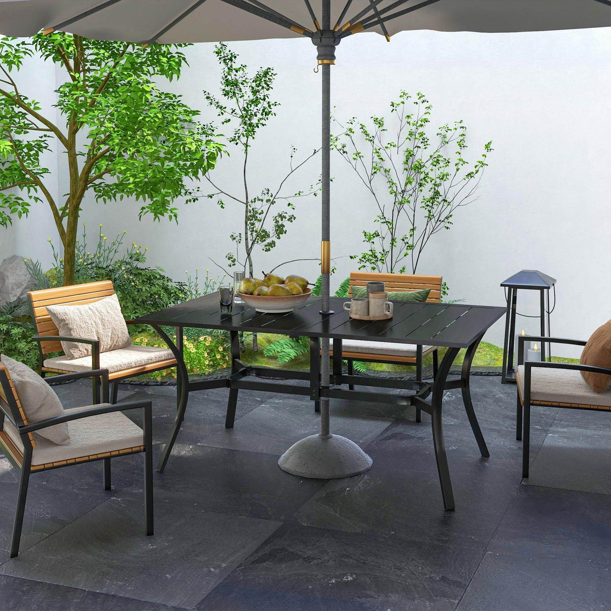Black rectangular patio dining table with slat top and parasol hole