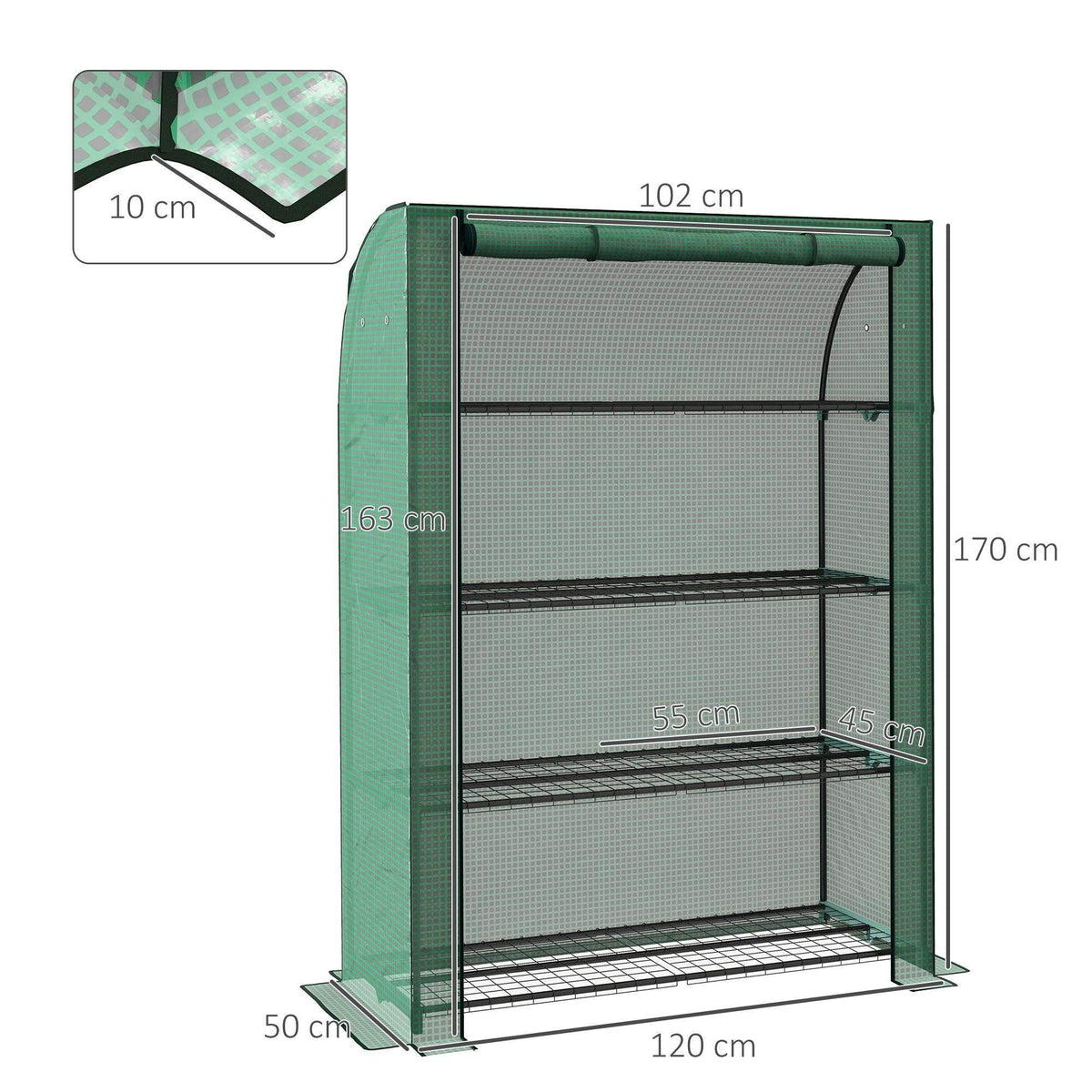Green 4-tier mini greenhouse with PE cover and four wire shelf levels